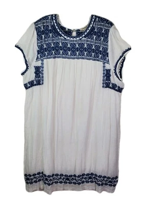 Vestido midi bordado a ganchillo Lucky Brand 2X manga gorra forrado blanco azul algodón Foto 1 de 4