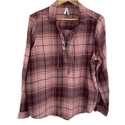 Top túnica Mudd para mujer con cordón talla XL rosa a cuadros relajado boho hippie campesino Foto 1 de 4
