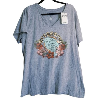 Billabong Women’s Graphic V-Neck T-Shirt 1X Plus Size Gray Surf Floral Beach Top - Image 1 of 4