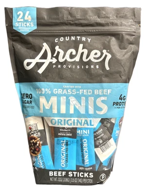 Minis palitos de carne Country Archer, 100 % hierba alimentados (originales) 0,5 oz (paquete de 24) Foto 1 de 2