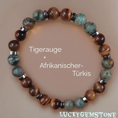 Armband Edelstein: Tigerauge, Türkis, Edelstahl. Wunschlänge. Maßgefertigt - Bild 1 von 4