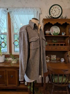 (Small) 1980s Eddie Bauer Gray Wool Herringbone FIELD SHIRT Jacket VINTAGE - Picture 1 of 10