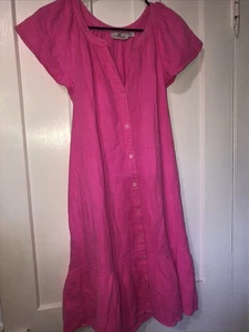 Abito MIDI Vineyard Vines rosa garza bottoni cappuccio davanti manica svasata volant MED - Foto 1 di 11
