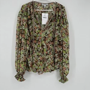 Sabina Musayev Blouse Womens Large Sheer Peach Print Button Long Sleeve Top - Picture 1 of 11