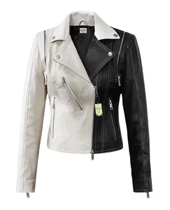 Damen Schwarz & Weiß Twister Biker Jacke Handarbeit Premium Lammleder - Bild 1 von 10