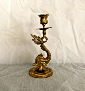 Vintage Ethan Allen  Solid Brass Sea Serpent Koi Fish Nessie 8" Candle Holder - Picture 1 of 3