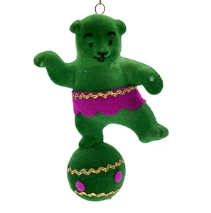 ORSO danzante vintage floccato verde e viola su palla ornamento natalizio circo - Foto 1 di 21