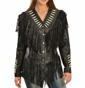 Women's suede leather jacket with fringes classic traditional Native American - Picture 1 of 3