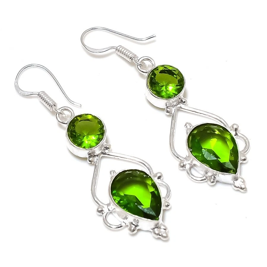 Green Peridot Gemstone Handmade 925 Sterling Silver Jewelry Earring Sz 1.75" - Image 1 of 1