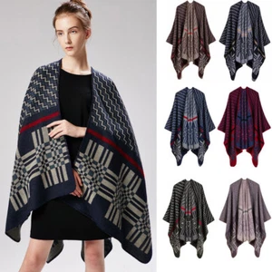 Cashmere Like Poncho Blanket Wrap Shawl Cape Scarf Stole Amice Retro Cross Waves - Picture 1 of 19