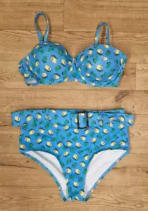 Boden Bikini Oberteil blau zitronenfarben 36C Unterteil Gr. 12 hoher Bund Gürtel Balkonett - Bild 1 von 11