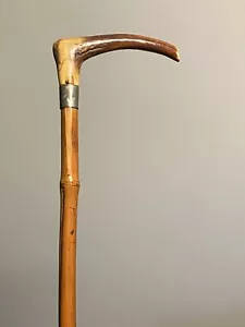 Antique Bone Handned Bamboo Walking Cane with Metal Accents - Picture 1 of 22