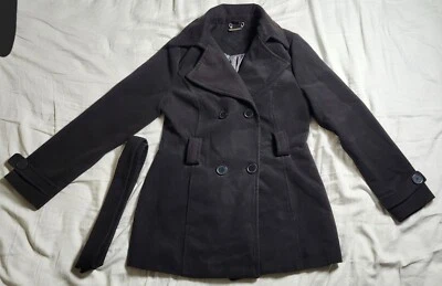 Jou Jou Black Women's Over Coat With Belt Size Medium Pea Coat Button Up - Image 1 of 4