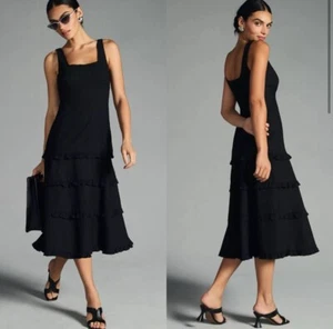 NWT Anthropologie Blythe Square Neck Tiered Ruffle A-line Midi Dress Black XXSP - Picture 1 of 14
