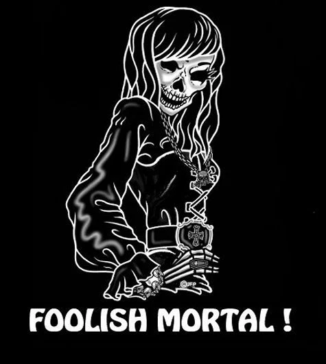 FOOLISH MORTAL GOTH SKELETON 女子咖啡骷髅 T 恤 — 第 1/1 张图片