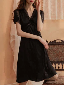 Women's Sexy Sleepwear Silky Short Sleeves Lace-Trim Sleep Dress Nightgown - Picture 1 of 24