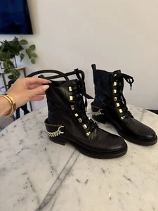LANVIN Black and gold, Chain-embellished combat boots 37.5 Retail: $1150 - Picture 1 of 21