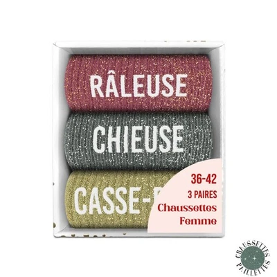 SUD TRADING COMPANY Coffret Trio Chaussettes Paillettes Fantaisie - Râleuse / Chieuse / Casse-Pied