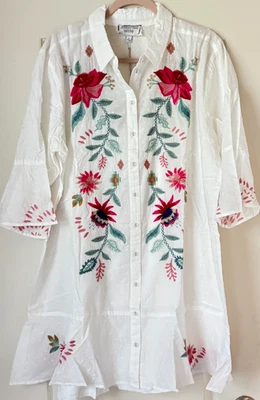 💕$295 JOHNNY WAS SZ LARGE FLORAL EMBROIDERED TIERED FLOUNCE DRESS W/SLIP NEW - Image 1 of 4