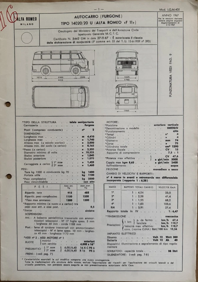 ALFA ROMEO FURGONE TIPO F11- Scheda originale certificato omologazione-1967- - Immagine 1 di 1