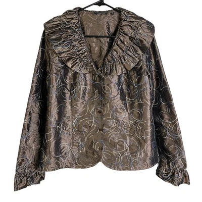 Chaqueta Samuel Dong Mujer Grande Marrón Bordada Abotonada Volantes Cuello Carrera Foto 1 de 4