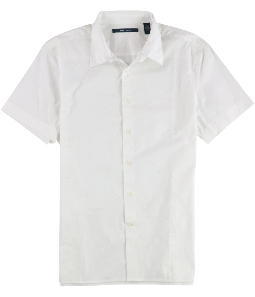 Perry Ellis Mens Embroidered Paisley Button Up Shirt, brightwhite, L Neck - Image 1 of 1