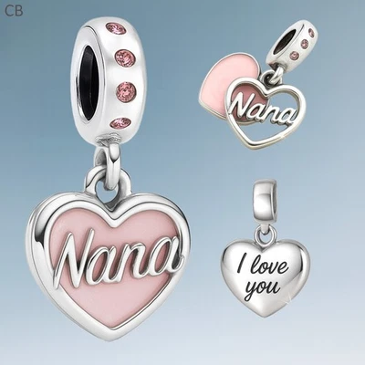 'I Love You' Nana Pink Heart Pendant for Charm Bracelets - 925 Sterling Silver - Image 1 of 4