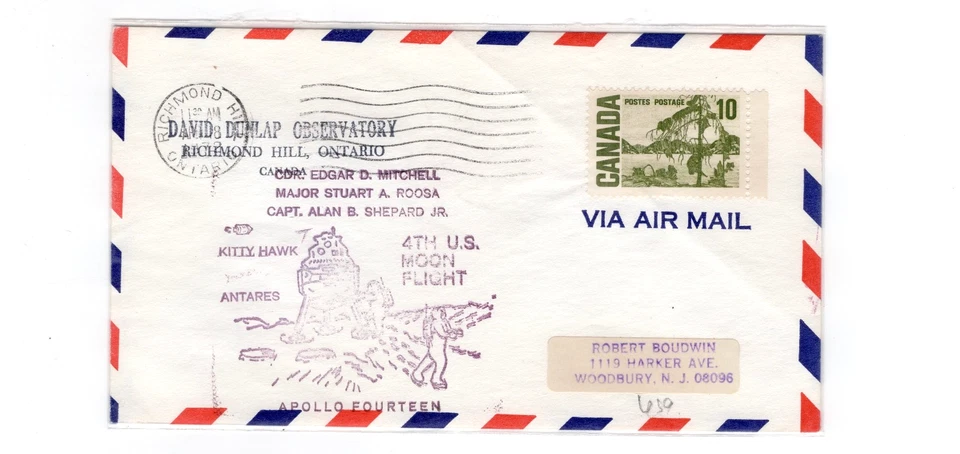 APOLLO 14 4TH U.S. MOON FLIGHT ENVELOPE CANADA CACHET D DUNLAP OBSERVATORY 1972 - Image 1 of 1