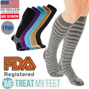 Compression Socks Knee High Stockings Striped Pair Calf Sleeve Leg Support Brace - Picture 1 of 12