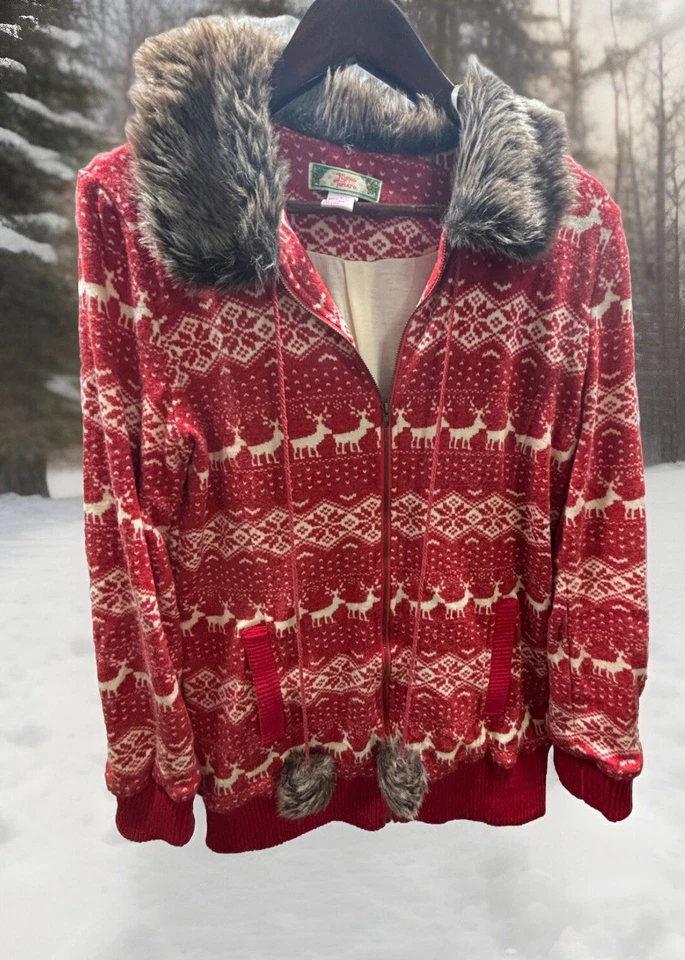VTG Women LG Long Christmas Sweater Full Zip Reindeer Fur Collar & Balls Tomato - Image 1 of 4