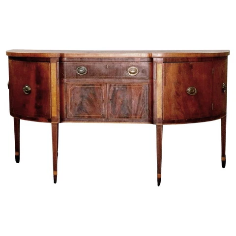 Antique Hepplewhite Demilune Satinwood Banded Flame Mahogany Sideboard, c1820 Cover