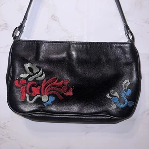A/X Armani Exchange Black Genuine Leather Mini Purse Zipper Floral Embroidery 9” - Picture 1 of 14