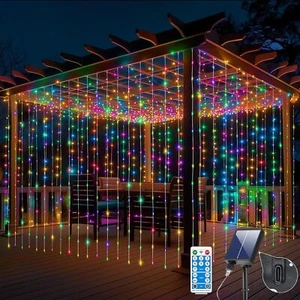 Outdoor Solar Curtain Lights 300 LED Fairy String Lights Wedding/Party/Garden US - Picture 1 of 16
