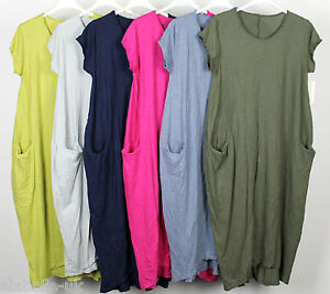 New Italian Lagenlook Quirky Boho Jersey Soft Cotton Stretch Pocket Tunic Dress