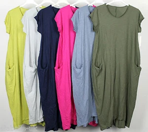 New Italian Lagenlook Quirky Boho Jersey Soft Cotton Stretch Pocket Tunic Dress - Picture 1 of 31