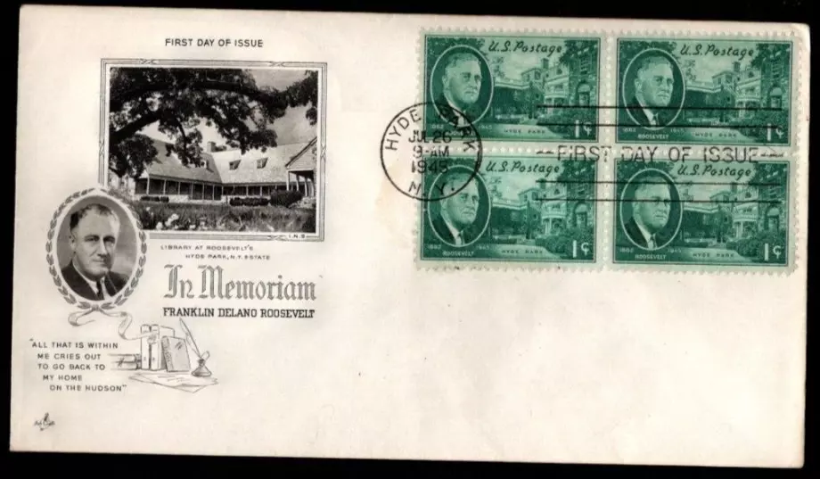 SC# 930 FDC, Franklin Roosevelt , B4, Art Craft cachet, flap open - Image 1 of 1