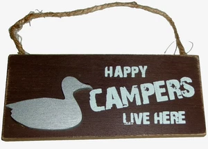 RUSTIC  ~ Hanging sign ~ HAPPY CAMPERS LIVE HERE~ 6.25" X 3" ~ Rope Hanger - Picture 1 of 1
