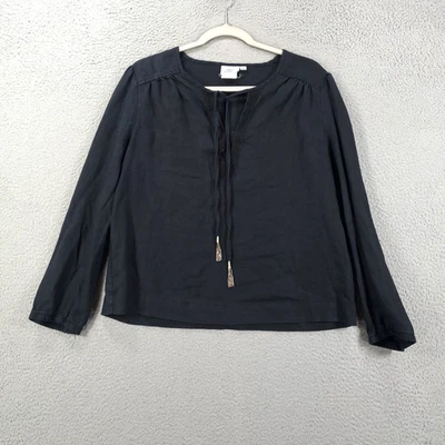 Top de lino para mujer talla pequeña negro cuello de cerradura Lagenlook camisa borlas algodón caliente Foto 1 de 4