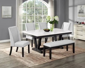 White Marble Dining Set: 6pc Contemporary Style - Picture 1 of 10