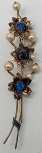 Vtg. VAN DELL Rose Yellow Gold Filled Genuine Pearl BROOCH Rhinestone FLOWERS - Picture 1 of 2