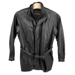 Charles Klein Herren Größe Large Lederjacke mit Gürtel schwarz Trenchcoat Oberbekleidung - Bild 1 von 16