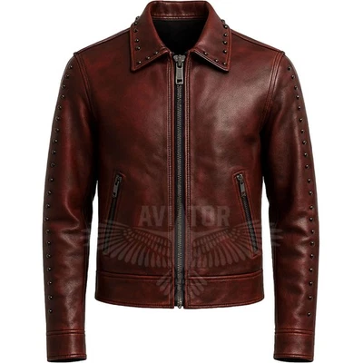 Men’s Handmade Distressed Burgundy Leather Jacket – Studded Biker Bomber Style - Image 1 of 4