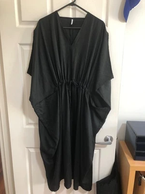 Seaside Tones 100% Linen Black Drawstring Waist Dress - One Size 🌻 POLAND - image 1 of 4