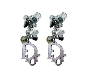 Christian Dior Earrings Logo Monogram Pearlescent Silver Beaded Clip on Vintage - Picture 1 of 4