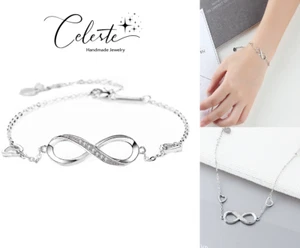 Infinity Bracelet Diamond Cubic Zirconia Crystal 925 Sterling Silver - Foto 1 di 9