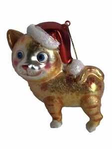 Large Glass Blown Cat Ornament ~ Glittery Gold ~ 4” ~ Red Stocking Hat - Picture 1 of 4