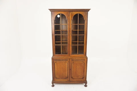 Antique Oak Bookcase, Arts & Crafts Display Cabinet, Scotland 1910, H1042 Cover