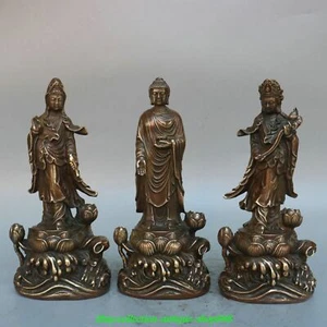7.6" Old Tibet Buddhism Bronze Lotus Western Shakyamuni Kwan-yin God Statue Set - Picture 1 of 9
