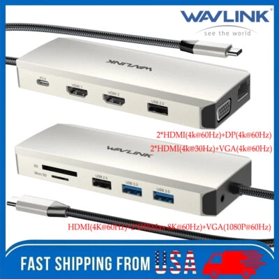 WAVLINK USB C Hub Laptop Docking Station 4K HDMI HUB DP 100W PD Triple Monitor - Image 1 of 4