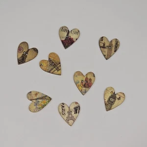 8 Wooden Heart Shaped Buttons Paris France Romantic Eiffel Tower Floral Craft - Picture 1 of 3